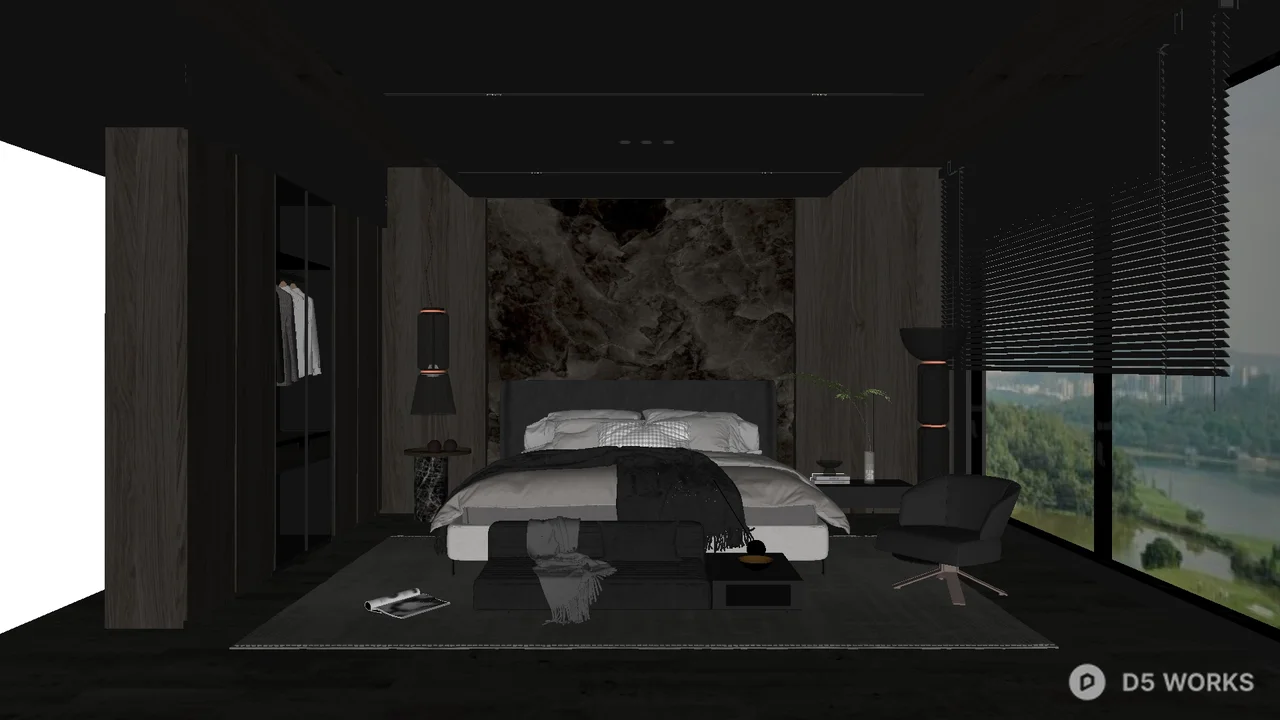 Minimalist Dark Tone Bedroom with River View 3d model - Image 1