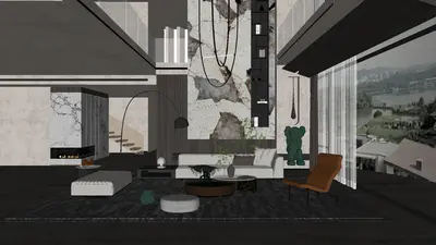 Modern Minimalist Villa Living Room With Mountain View 3d model