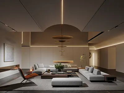 Modern Minimalist Villa Living Room with Ambient Lighting 3d model