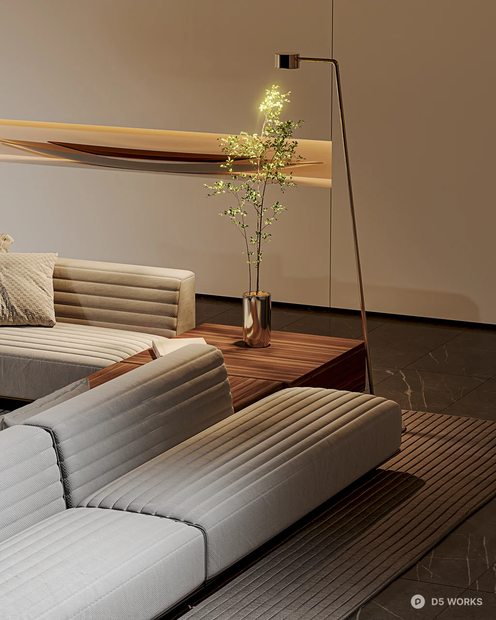 Modern Minimalist Villa Living Room with Ambient Lighting 3d model thumbnail 5