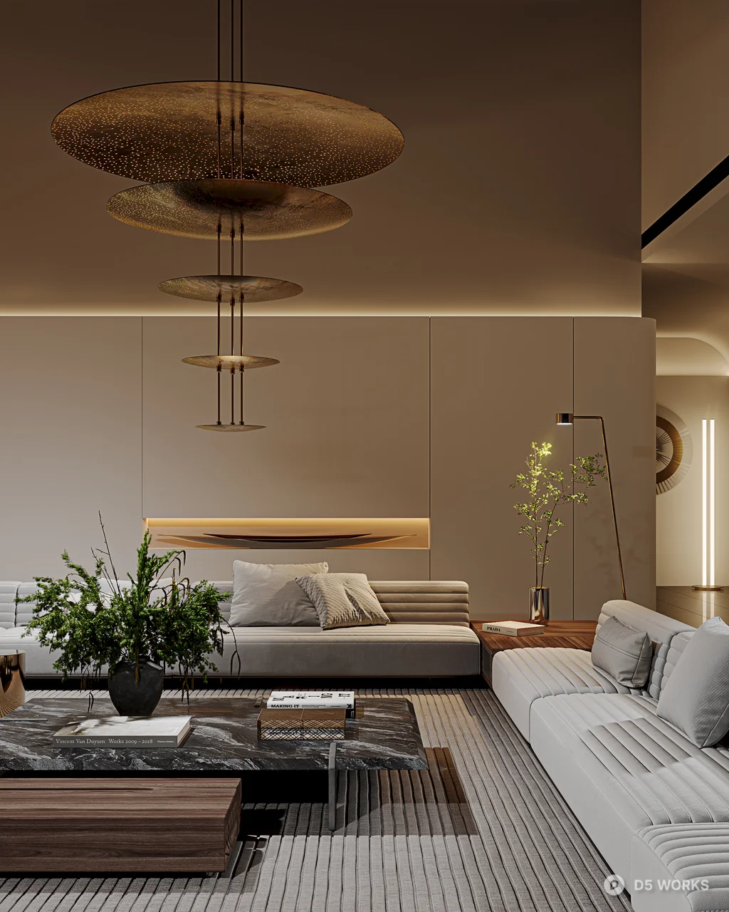 Modern Minimalist Villa Living Room with Ambient Lighting 3d model thumbnail 3