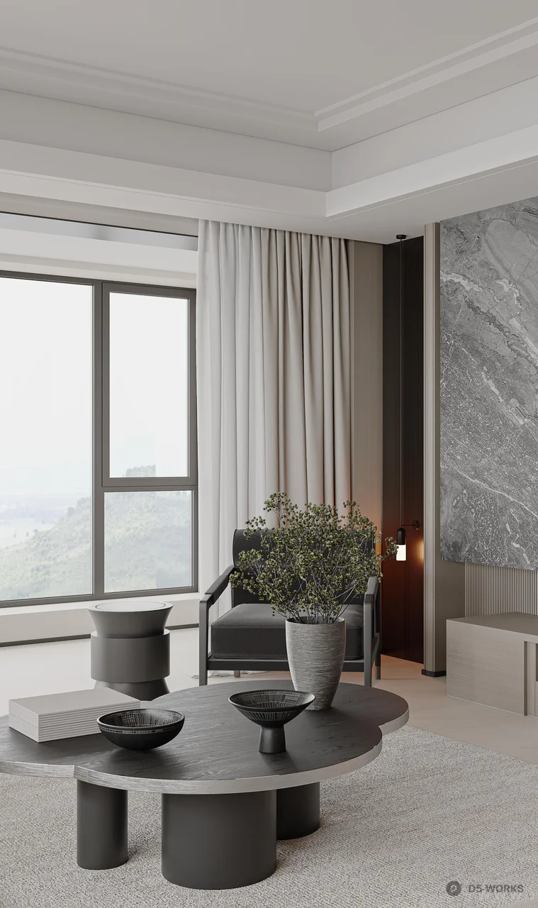 Modern Minimalist Living Room with Large Windows 3d model thumbnail 4