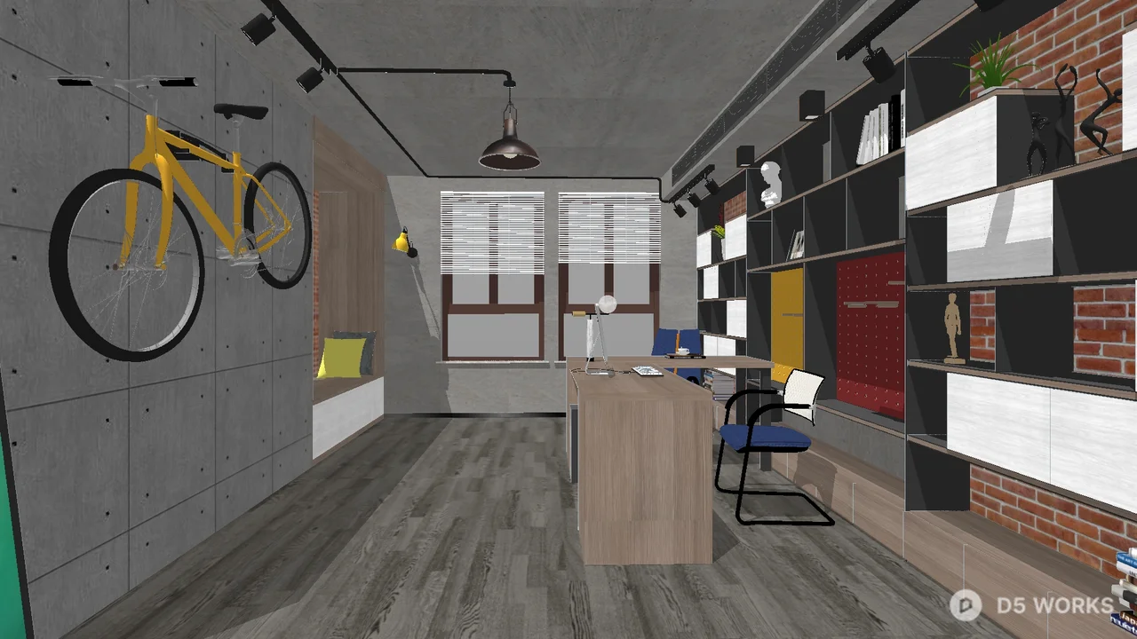 Industrial Style Home Office with Bike Display 3d model - Image 1