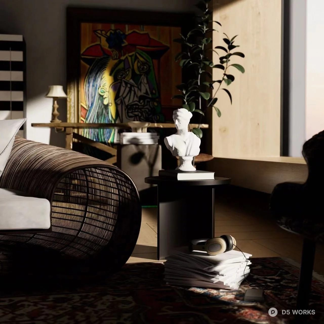 Modern Eclectic Living Room with Leather Armchair 3d model thumbnail 2