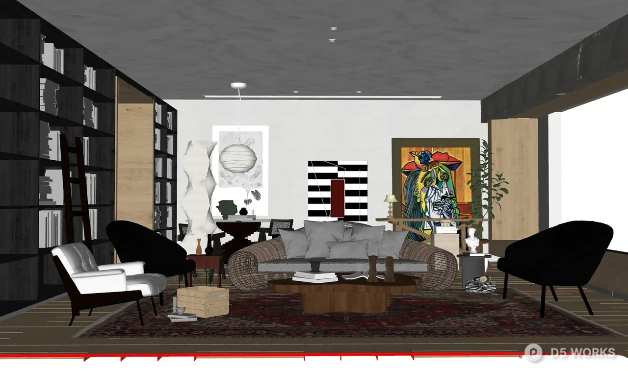 Modern Eclectic Living Room with Leather Armchair 3d model thumbnail 3