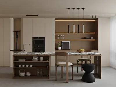 Modern Minimalist Dining Space with Integrated Kitchen Island 3d model