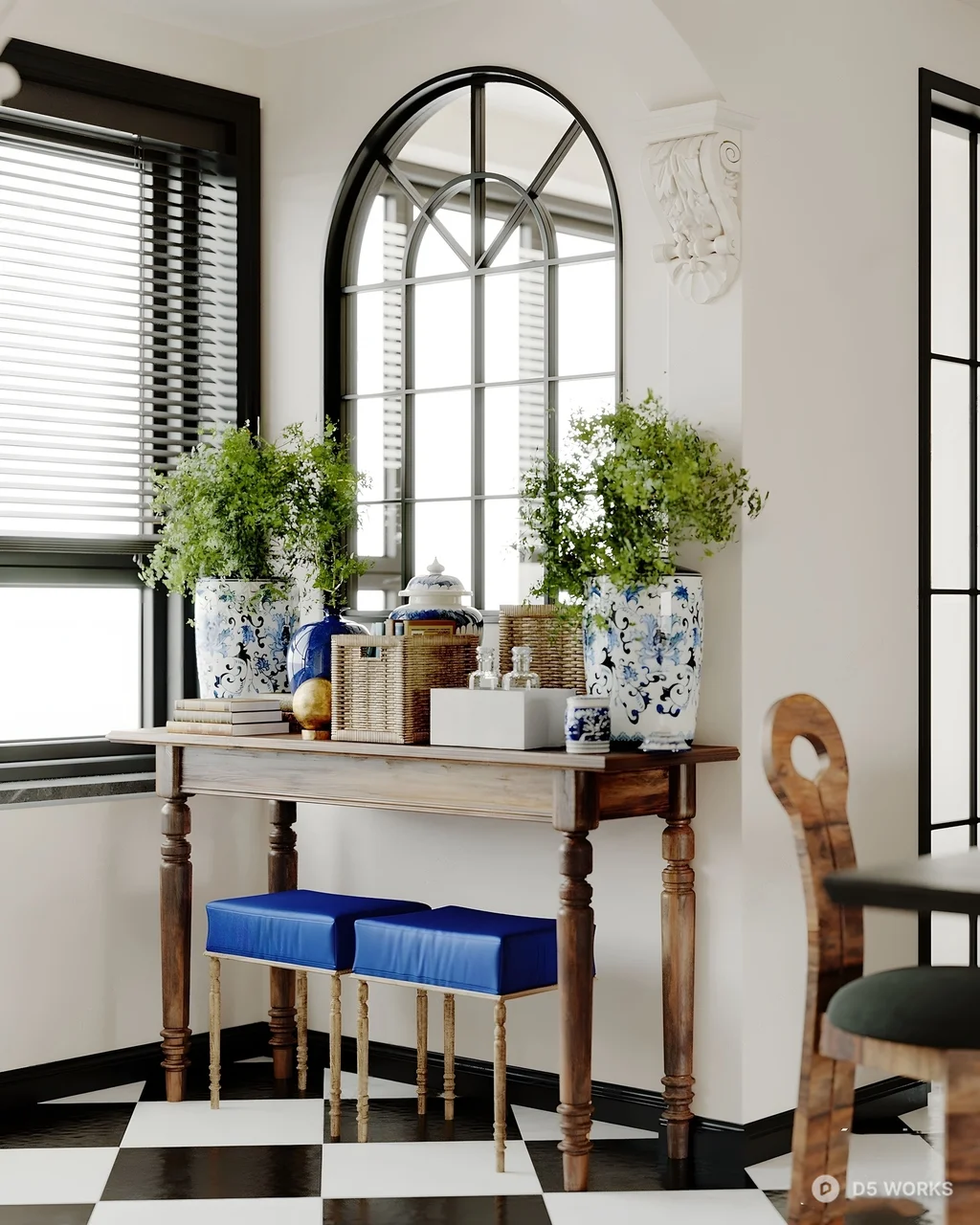 Classic Arch Window Entryway With Blue Bench 3d model - Image 1