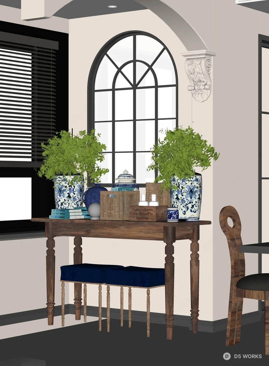 Classic Arch Window Entryway With Blue Bench 3d model thumbnail 2