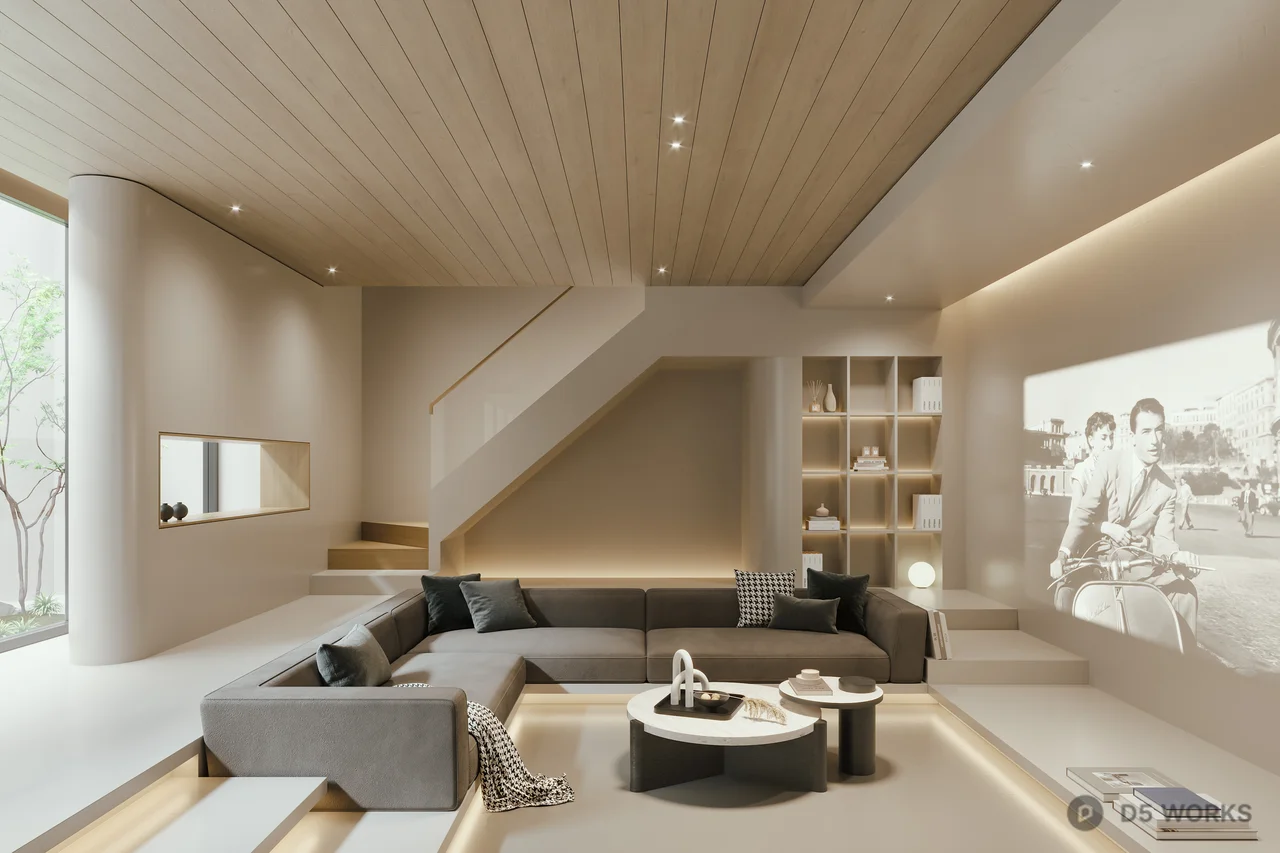 Minimalist Home Media Room With Curved Sofa And Projection Screen 3d model - Image 1