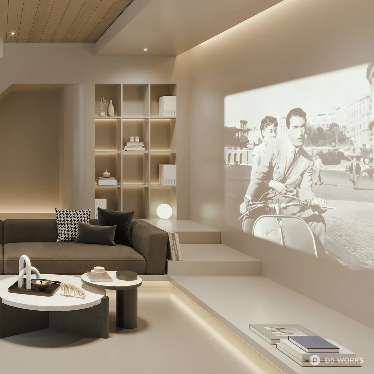 Minimalist Home Media Room With Curved Sofa And Projection Screen 3d model thumbnail 4