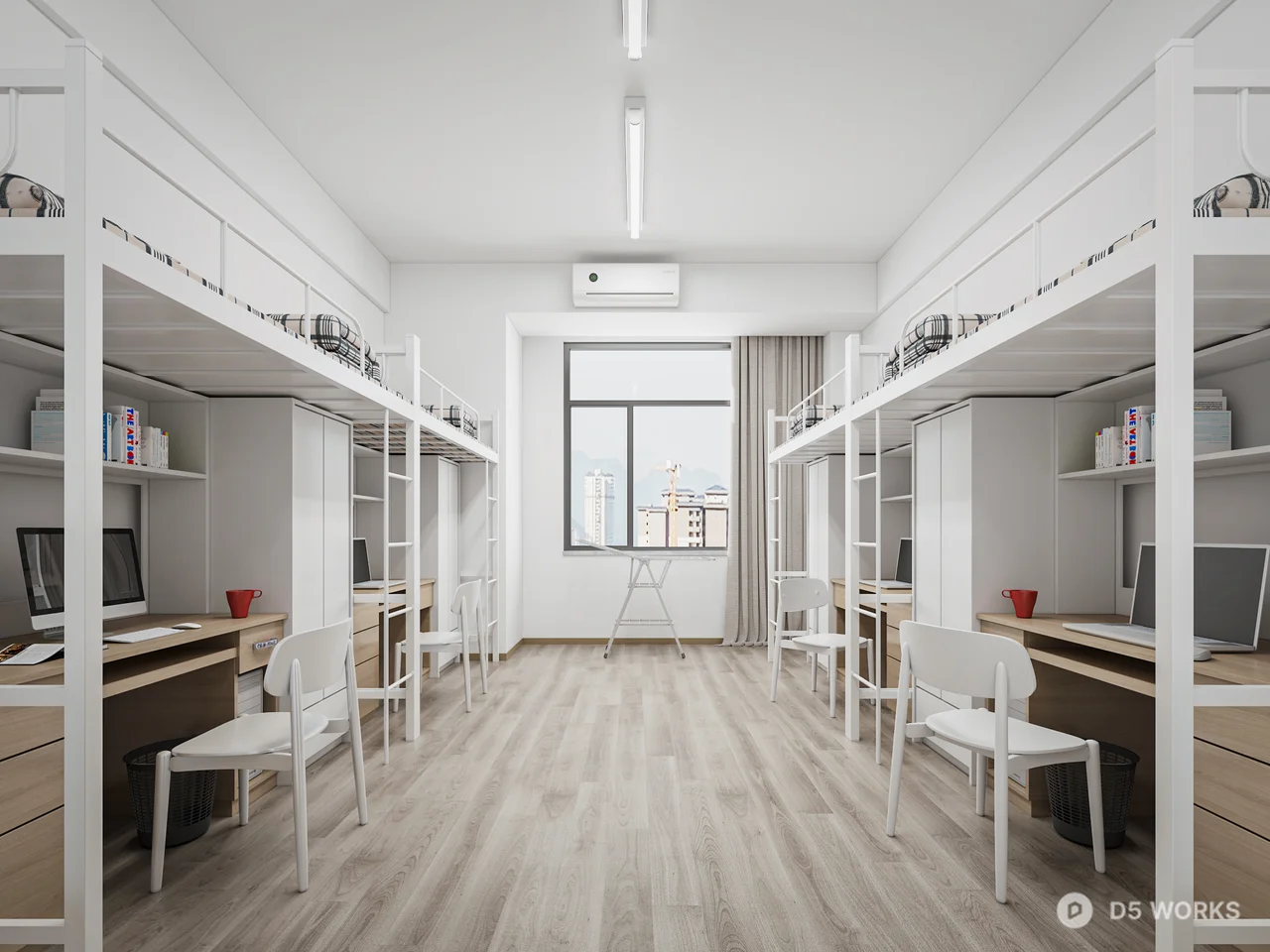 Modern Dormitory Space with Bunk Beds and Study Desks 3d model - Image 1