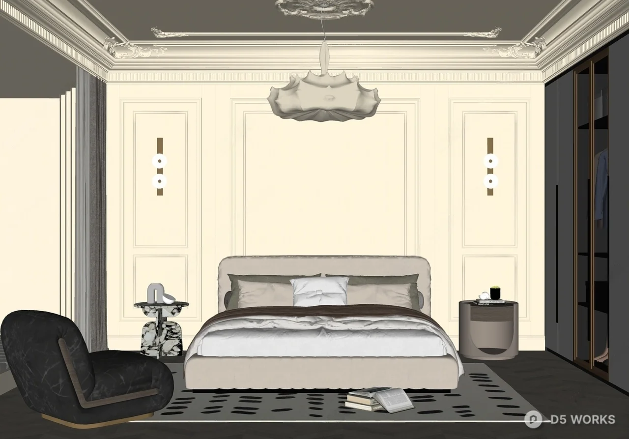 Luxury Classic Bedroom with Ornate Ceiling and Tufted Bed 3d model thumbnail 2