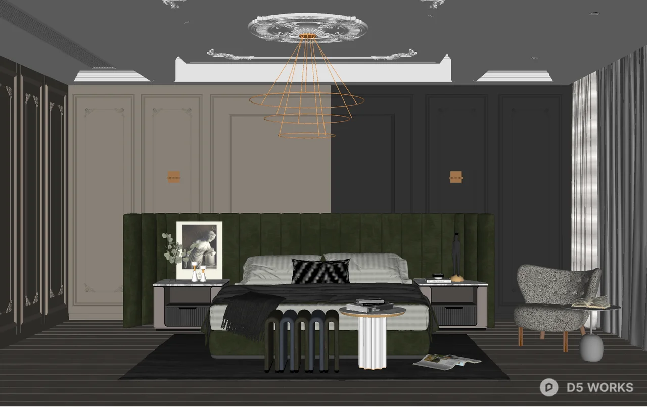 Modern Luxury Bedroom with Velvet Headboard 3d model thumbnail 2