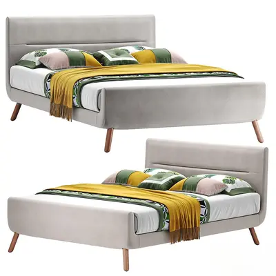 Velvet Upholstered Double Bed With Wooden Legs 3d model