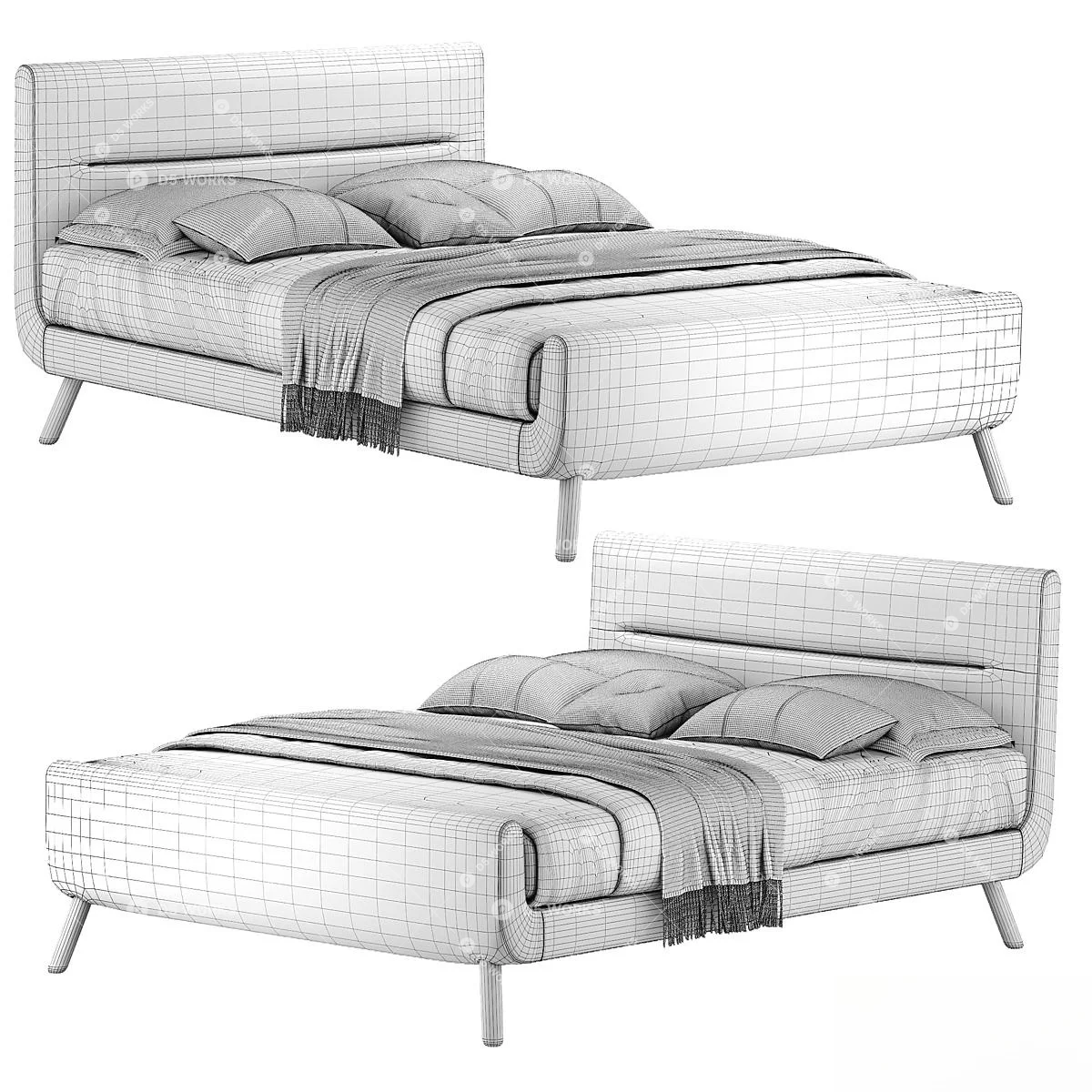 Velvet Upholstered Double Bed With Wooden Legs 3d model thumbnail 5