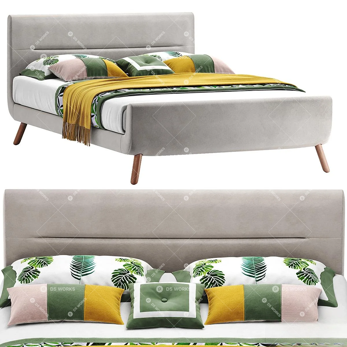 Velvet Upholstered Double Bed With Wooden Legs 3d model thumbnail 2