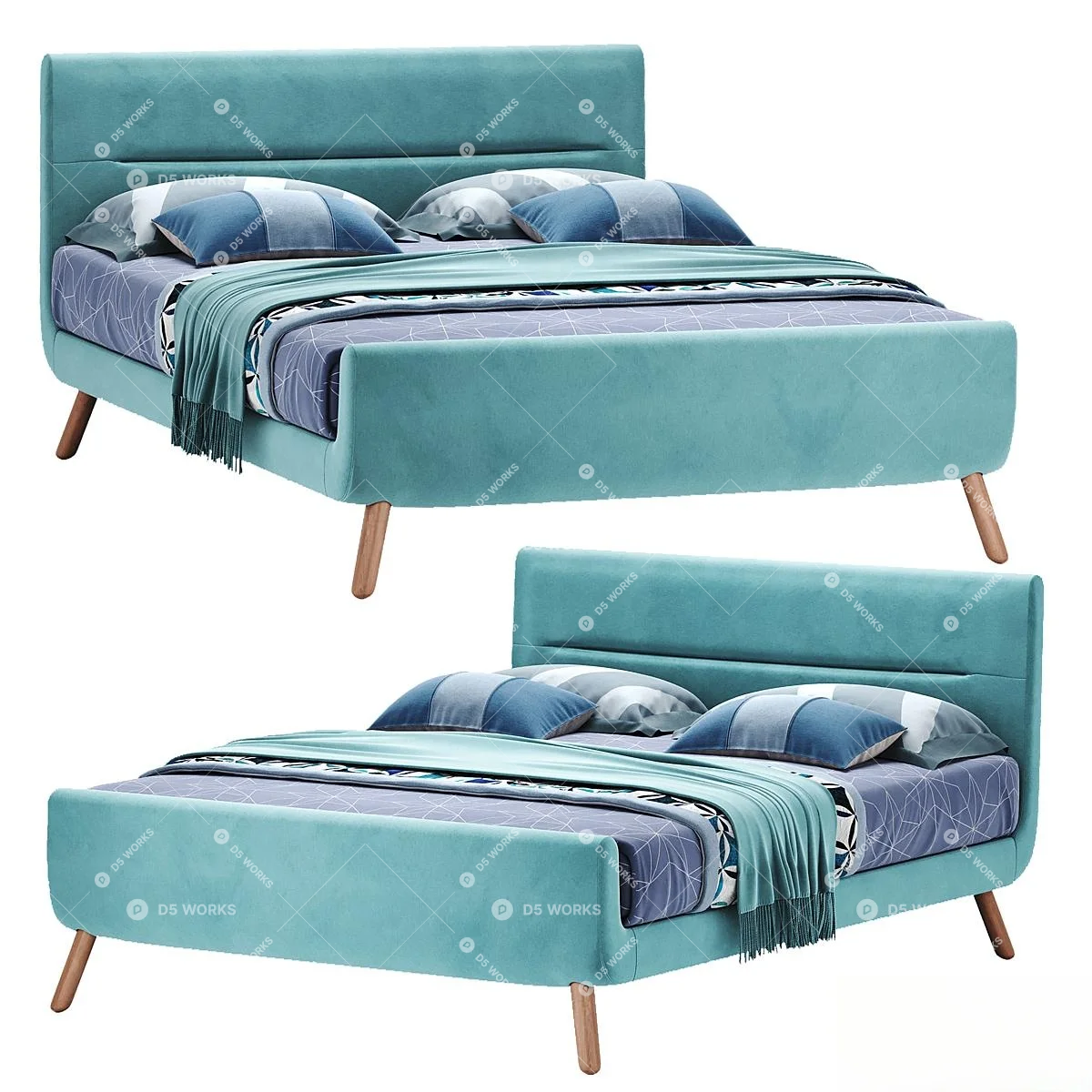 Velvet Upholstered Double Bed With Wooden Legs 3d model thumbnail 4