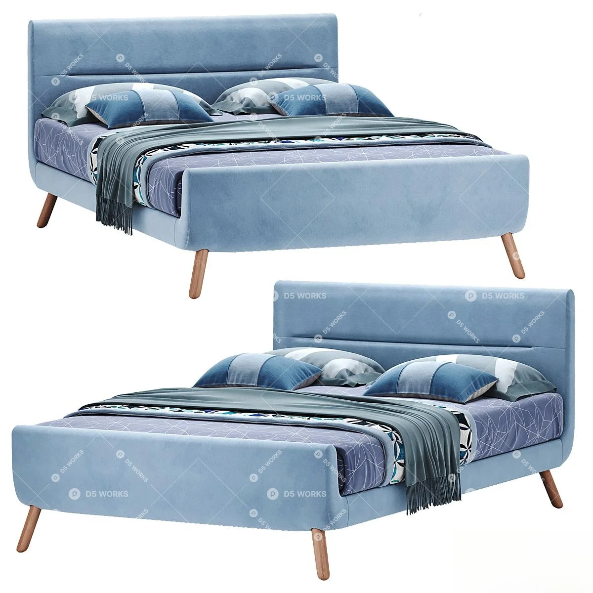 Velvet Upholstered Double Bed With Wooden Legs 3d model thumbnail 3