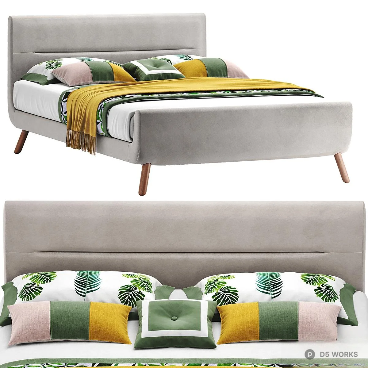 Velvet Upholstered Double Bed With Wooden Legs 3d model thumbnail 2