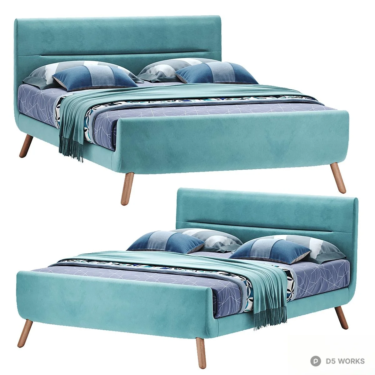 Velvet Upholstered Double Bed With Wooden Legs 3d model thumbnail 4