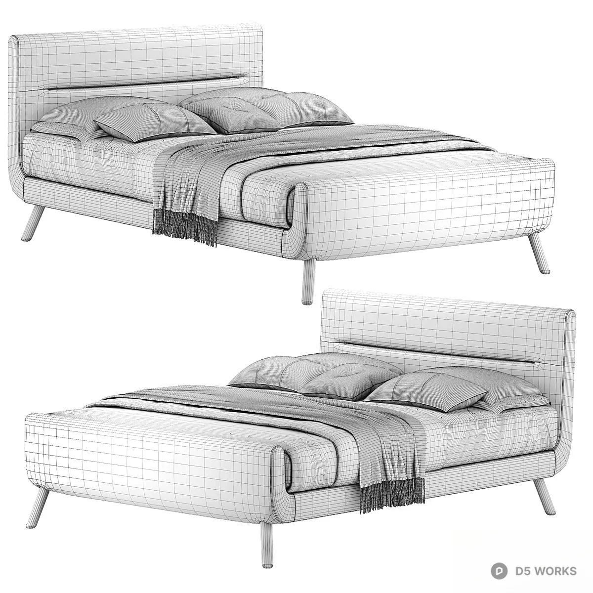 Velvet Upholstered Double Bed With Wooden Legs 3d model thumbnail 5