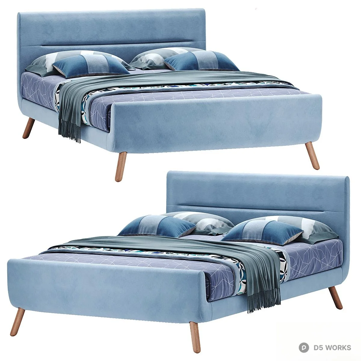 Velvet Upholstered Double Bed With Wooden Legs 3d model thumbnail 3