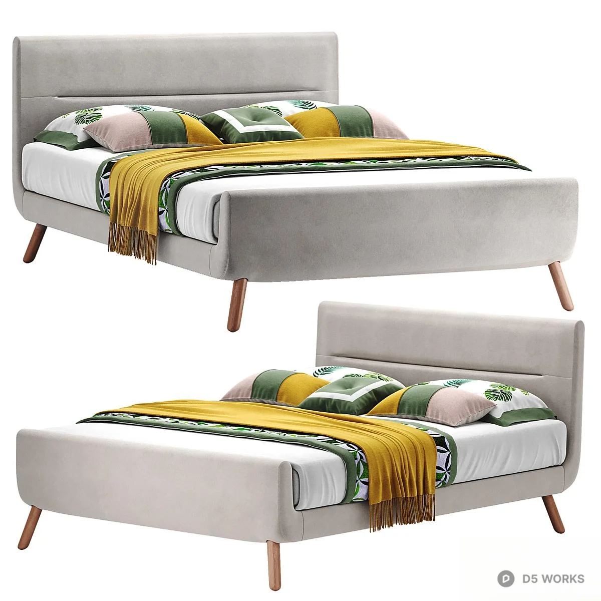 Velvet Upholstered Double Bed With Wooden Legs 3d model - Image 1