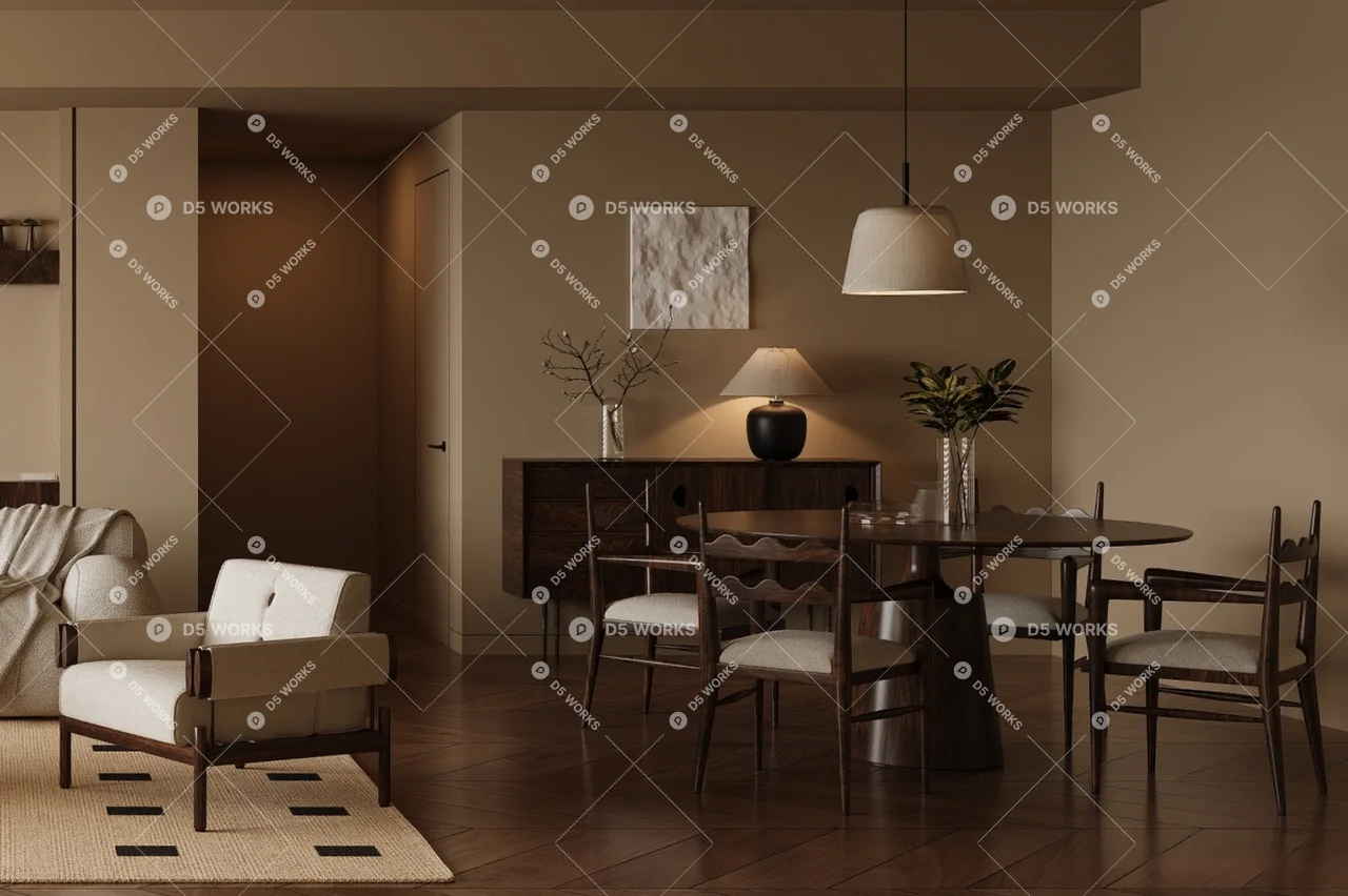 Mid-Century Modern Living & Dining Room 3d model thumbnail 2