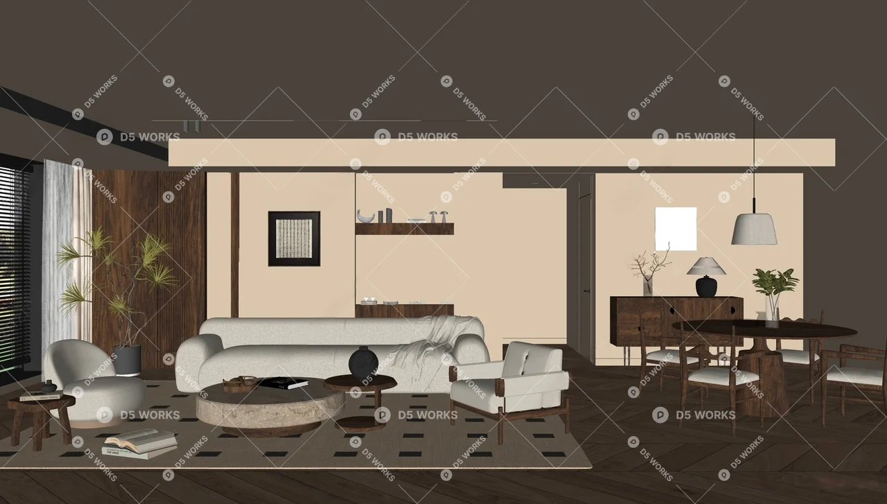 Mid-Century Modern Living & Dining Room 3d model thumbnail 3