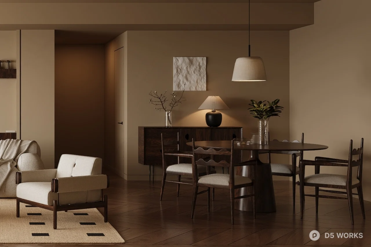 Mid Century Modern Living Room with Curved Sofa and Geometric Rug 3d model thumbnail 2