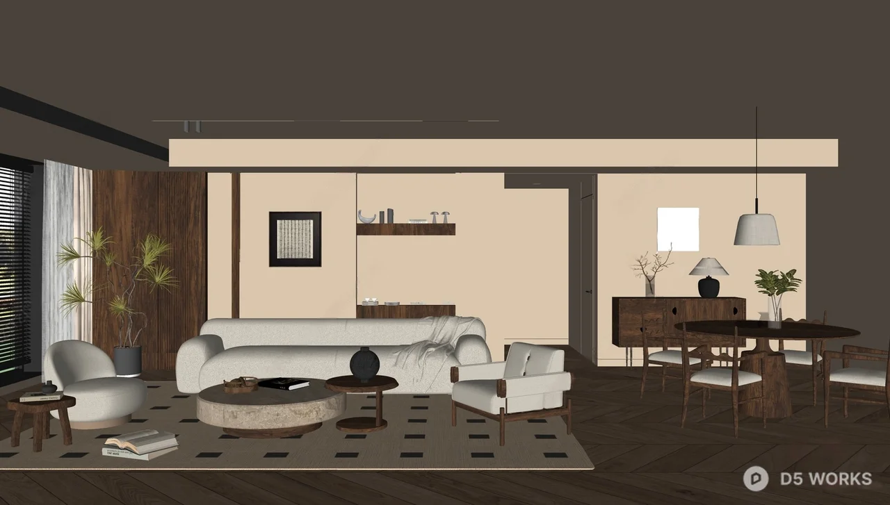 Mid Century Modern Living Room with Curved Sofa and Geometric Rug 3d model thumbnail 3