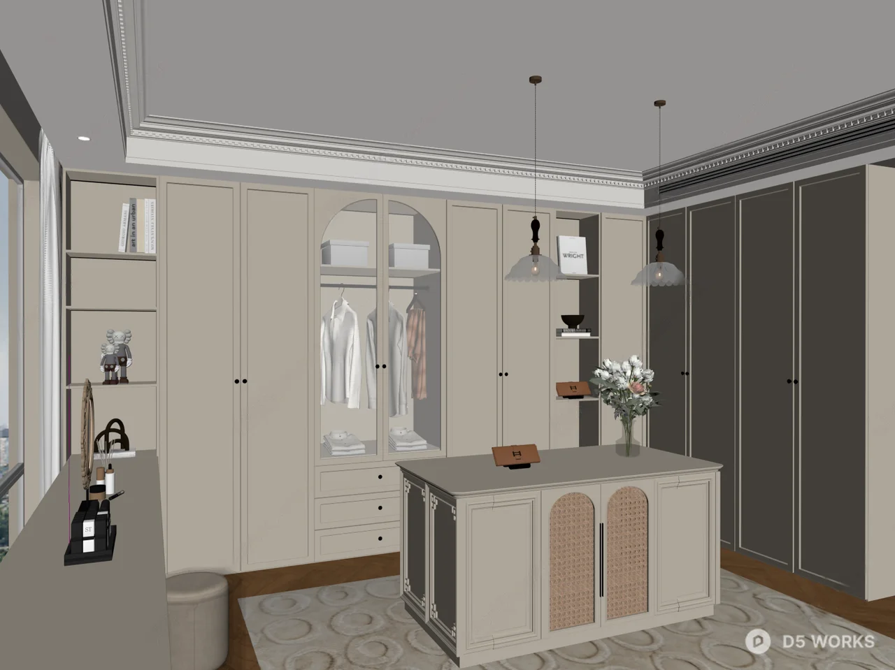 Minimalist Walk-In Closet With Central Island And Rattan Paneling 3d model thumbnail 2