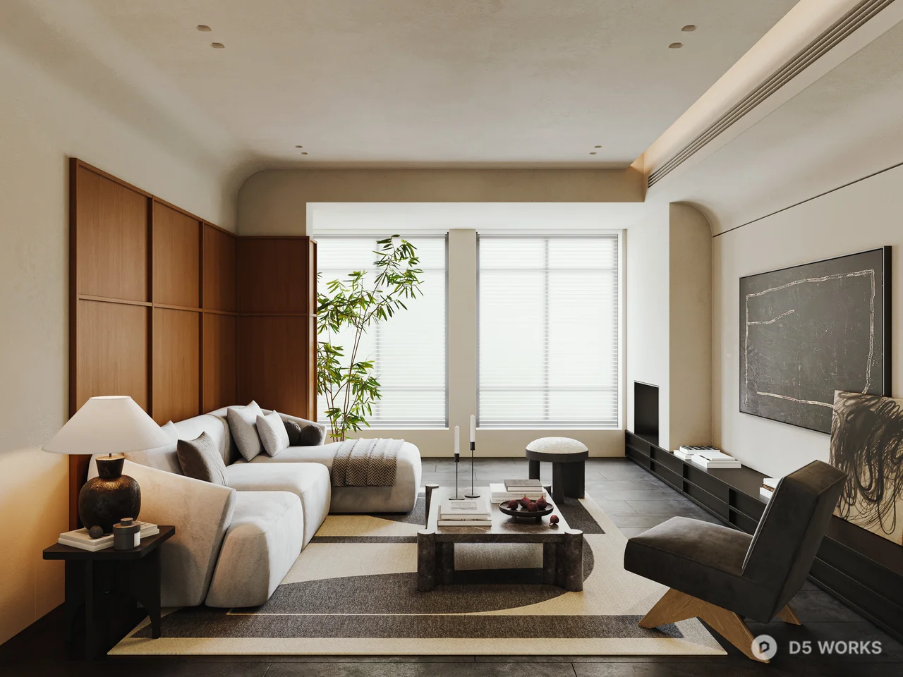 Minimalist Living Room with Wooden Panel Accent Wall 3d model - Image 1