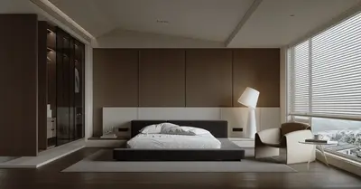 Minimalist Modern Bedroom with Floor Lamp and Large Window 3d model
