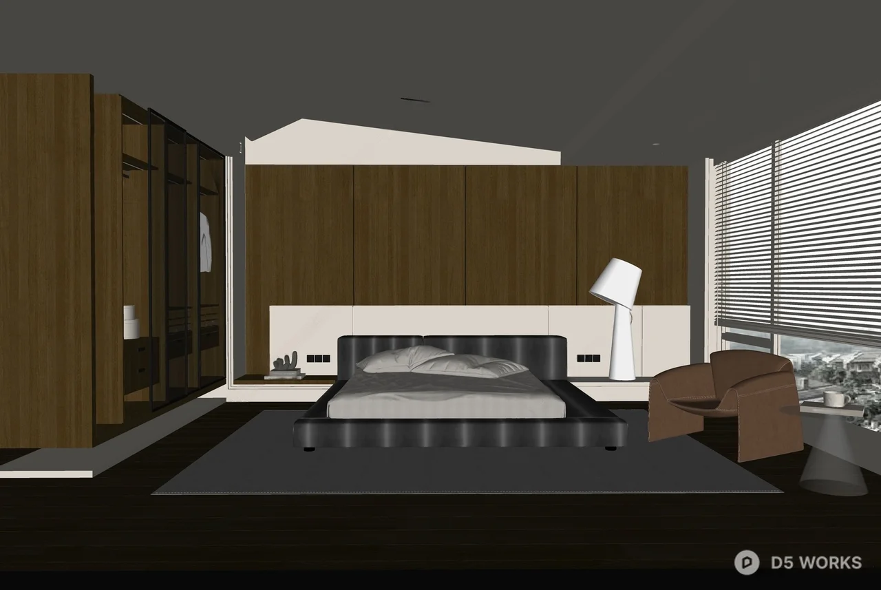 Minimalist Modern Bedroom with Floor Lamp and Large Window 3d model thumbnail 2