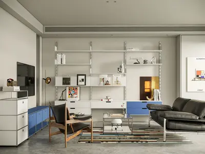 Modern Minimalist Living Room with Open Shelving 3d model