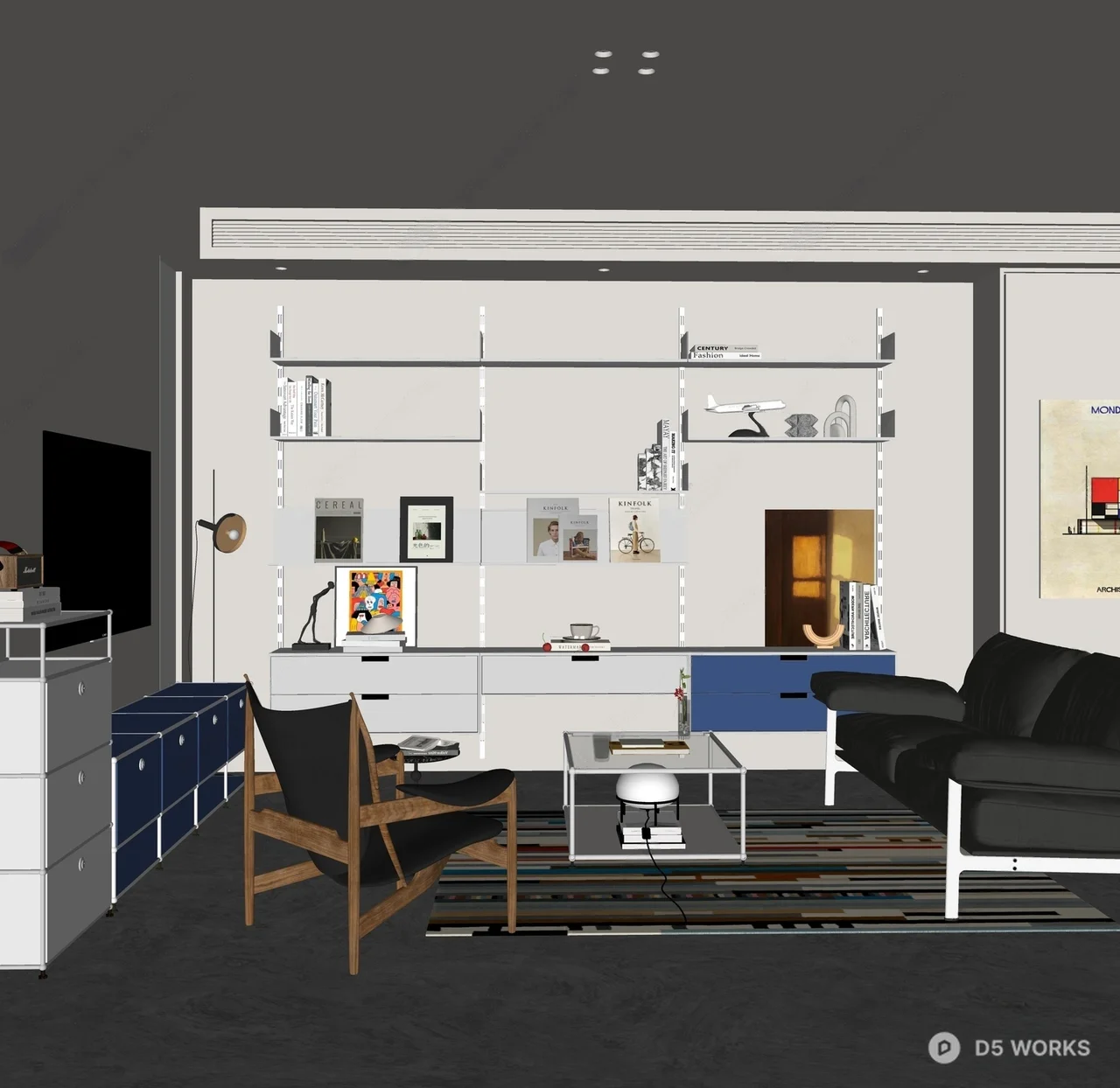 Modern Minimalist Living Room with Open Shelving 3d model thumbnail 2