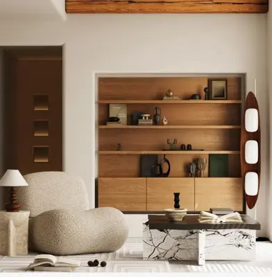 Organic Modern Living Room with Wooden Shelving 3d model