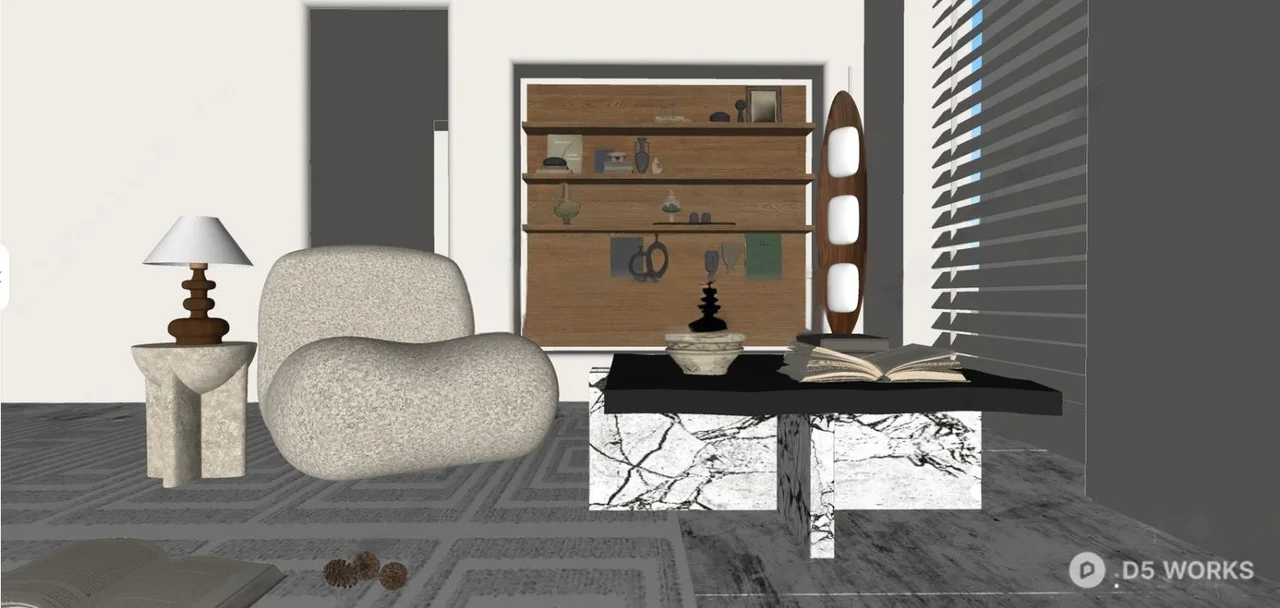 Organic Modern Living Room with Wooden Shelving 3d model thumbnail 2