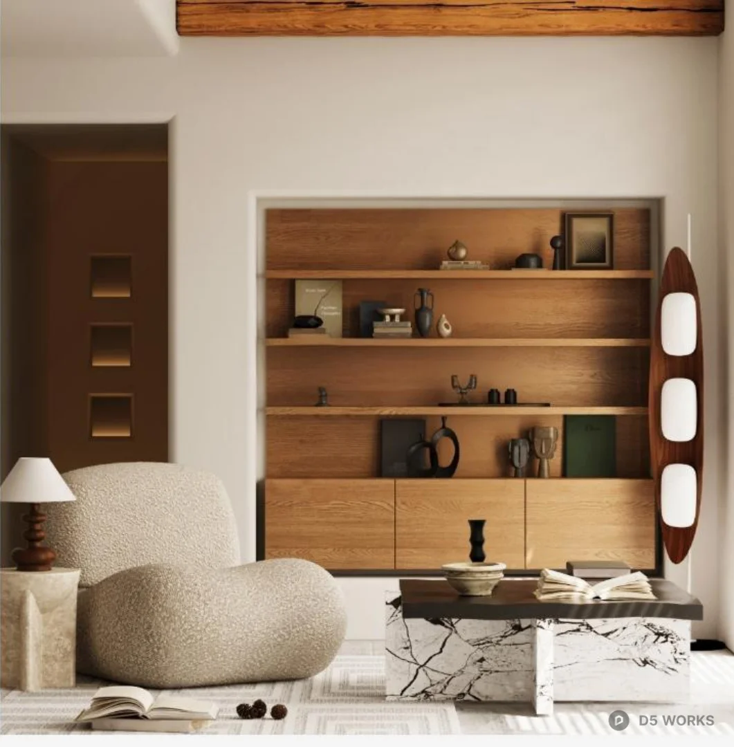 Organic Modern Living Room with Wooden Shelving 3d model - Image 1