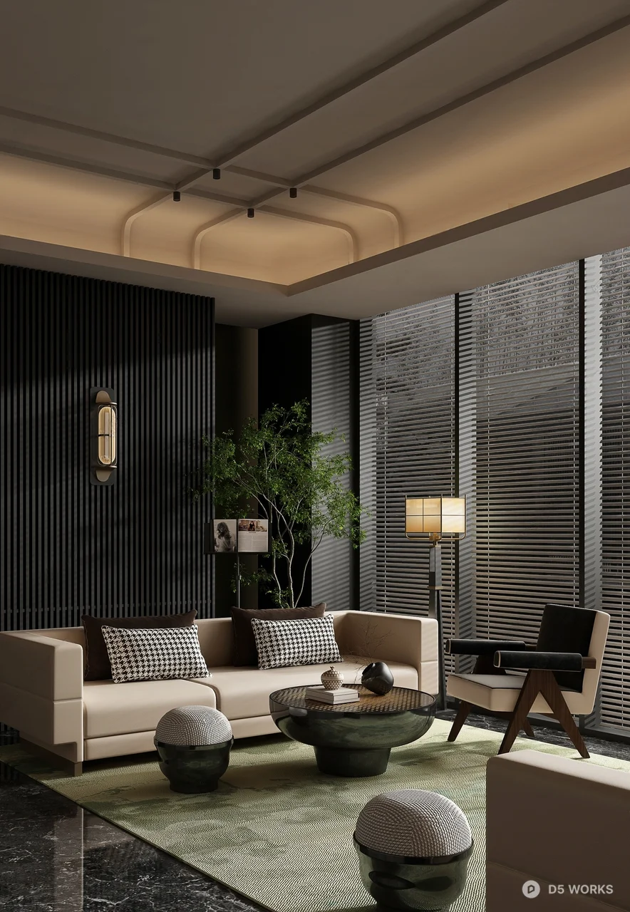 Modern Minimalist Living Room with Ambient Lighting 3d model - Image 1