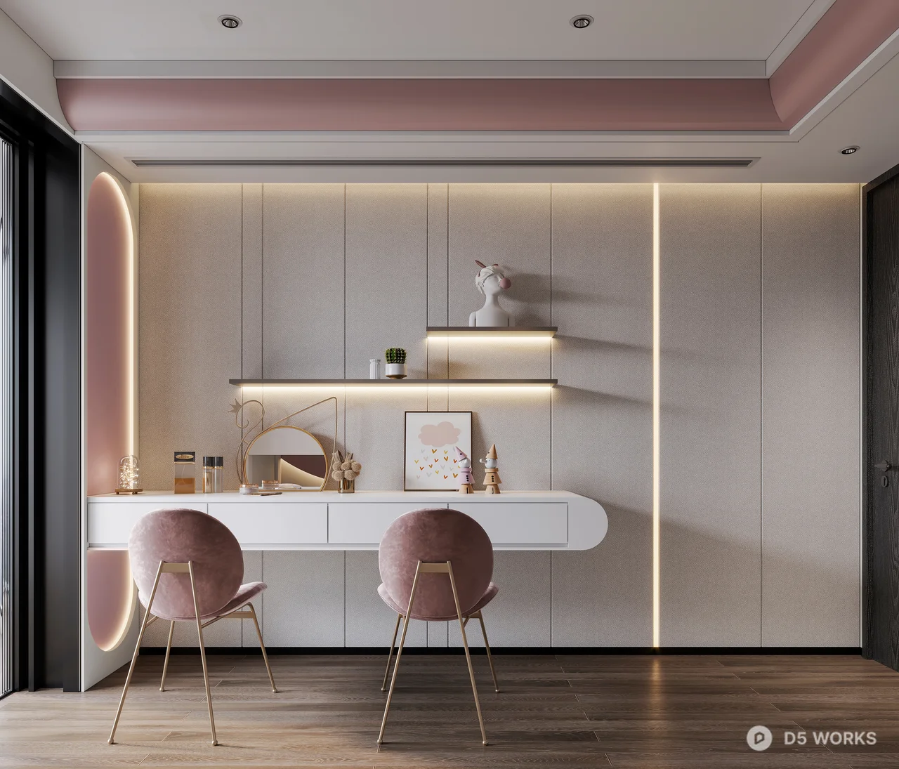 Pink Themed Girl's Bedroom with Bunk Bed and Arched Shelf 3d model thumbnail 4