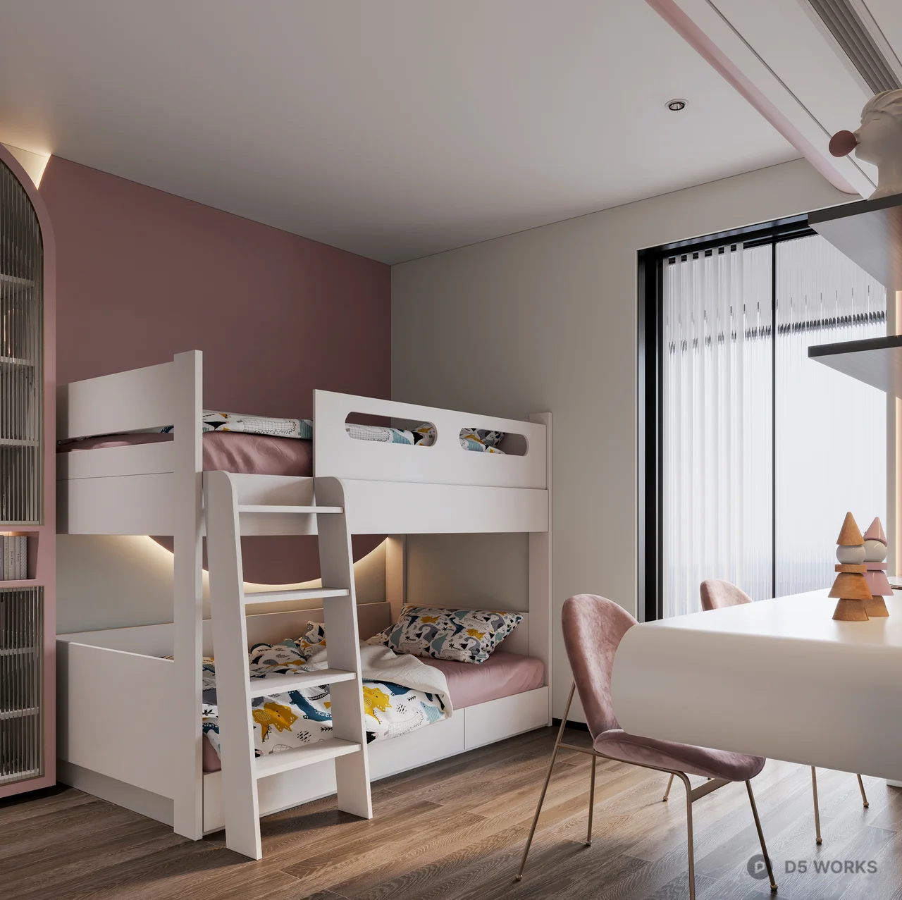 Pink Themed Girl's Bedroom with Bunk Bed and Arched Shelf 3d model thumbnail 2