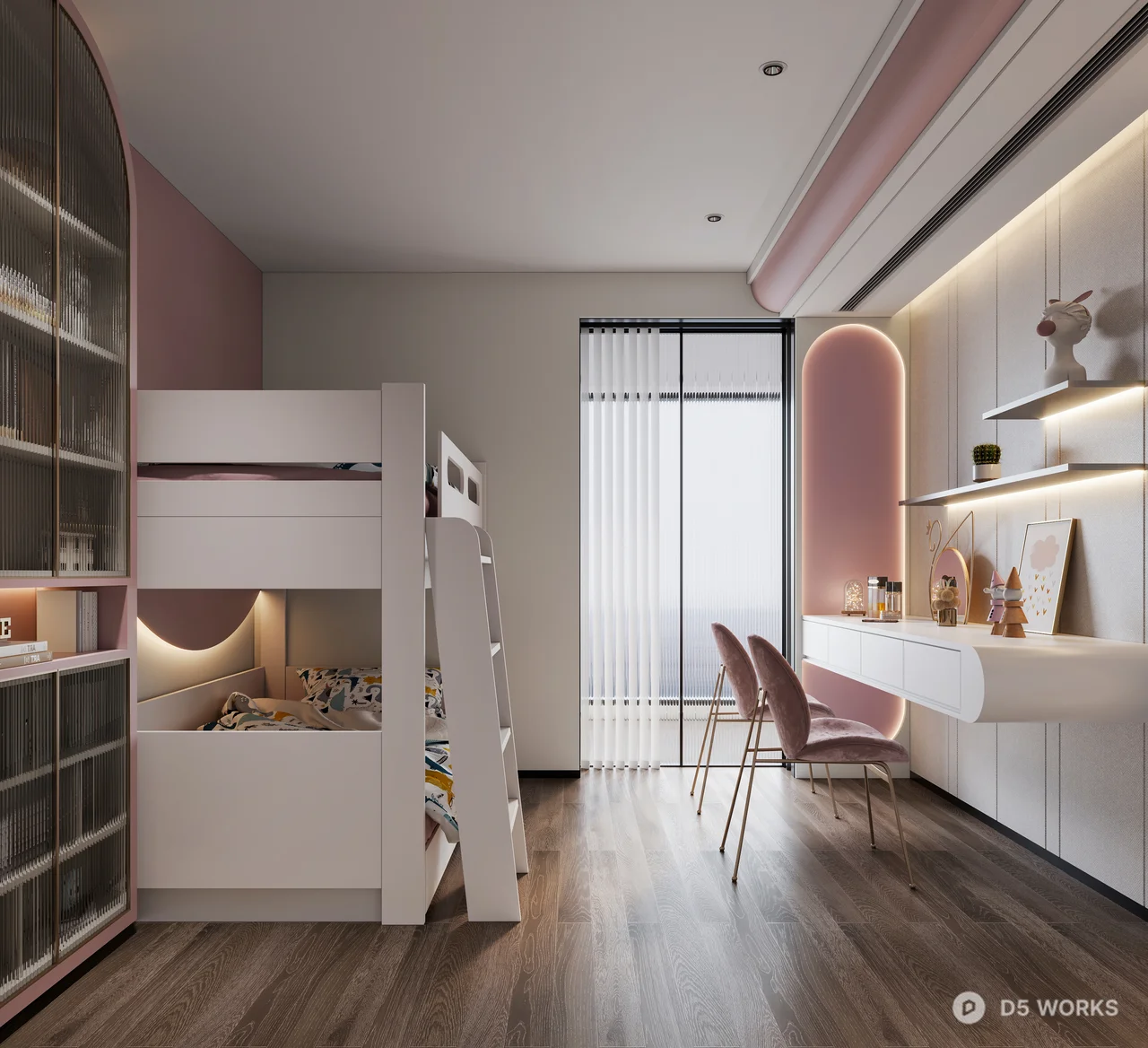 Pink Themed Girl's Bedroom with Bunk Bed and Arched Shelf 3d model thumbnail 3