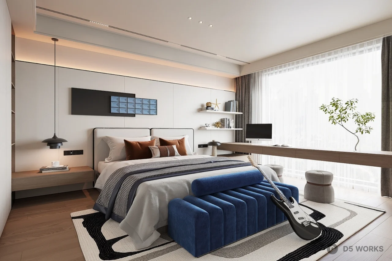 Modern Minimalist Bedroom with Blue Accent Bench 3d model - Image 1
