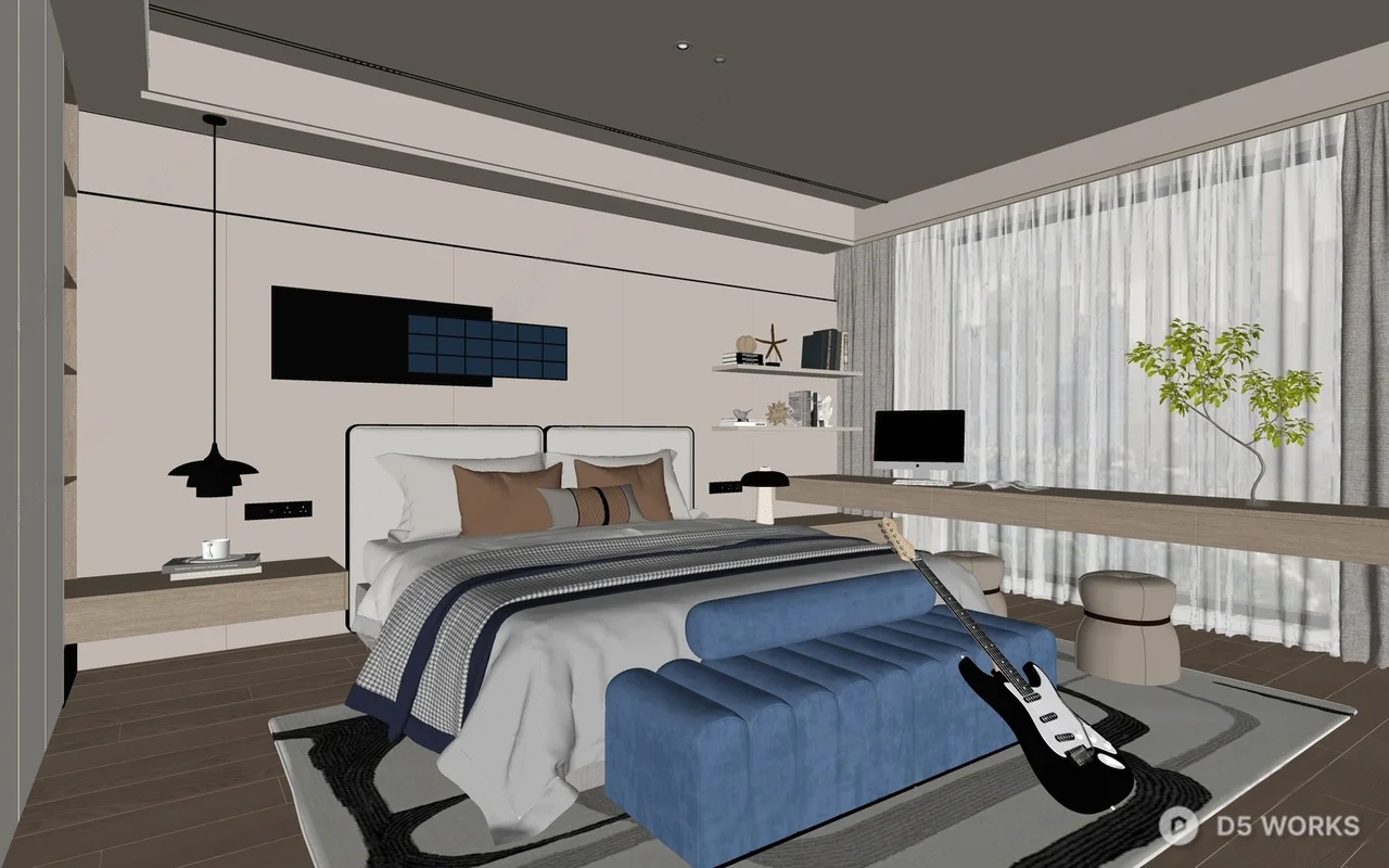 Modern Minimalist Bedroom with Blue Accent Bench 3d model thumbnail 2