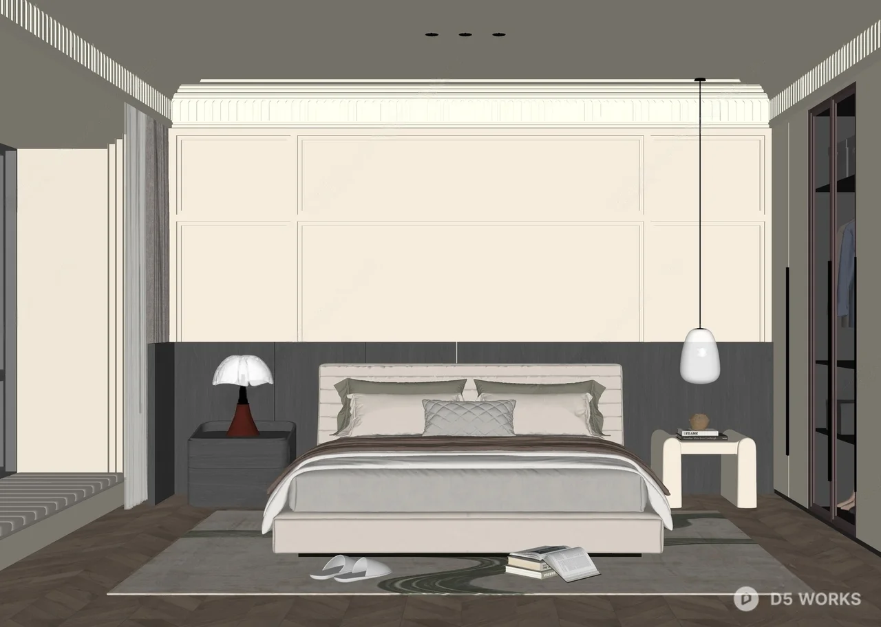 Modern Minimalist Bedroom with Panel Accent Wall 3d model thumbnail 2
