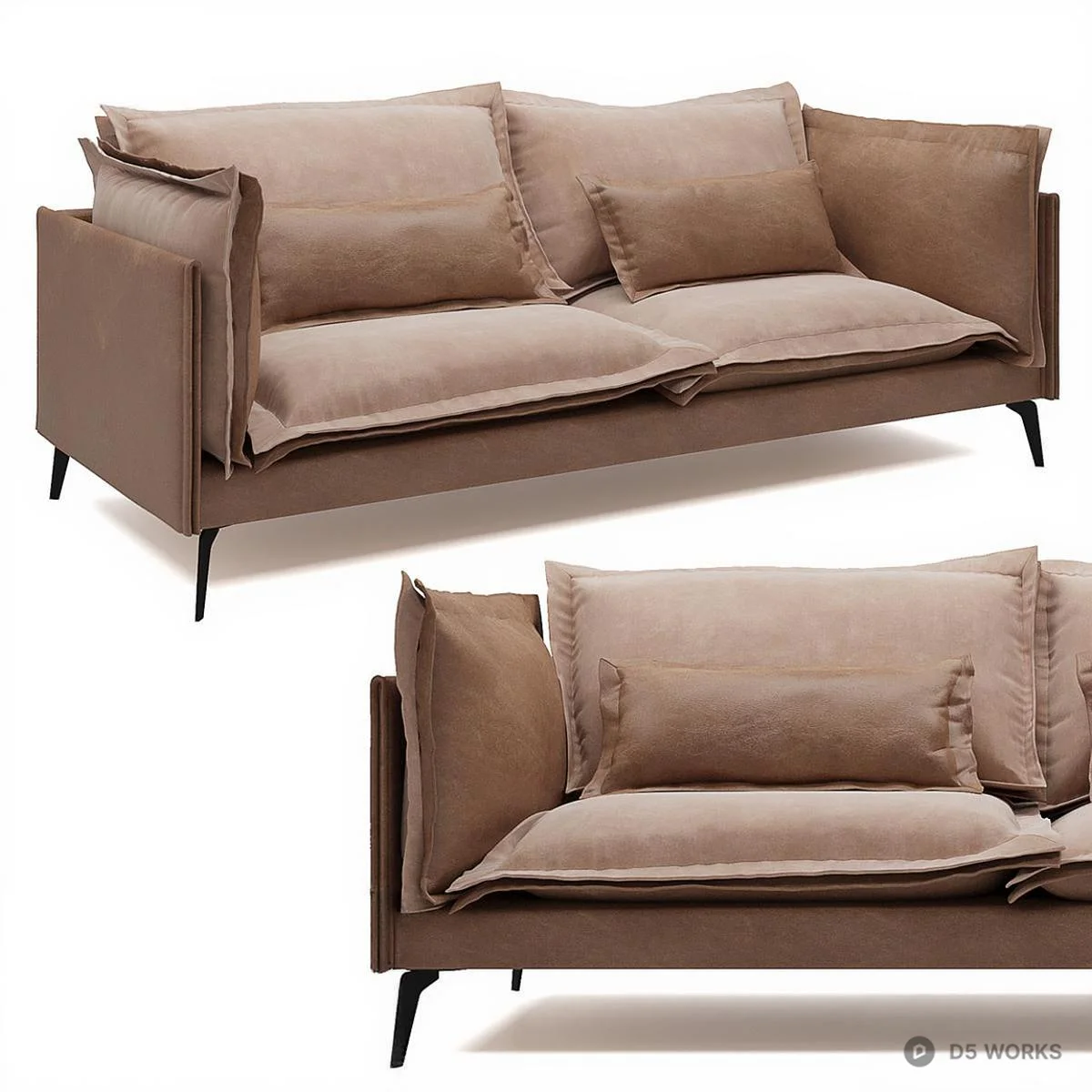 Velvet Three-Seater Sofa With Tapered Legs 3d model - Image 1
