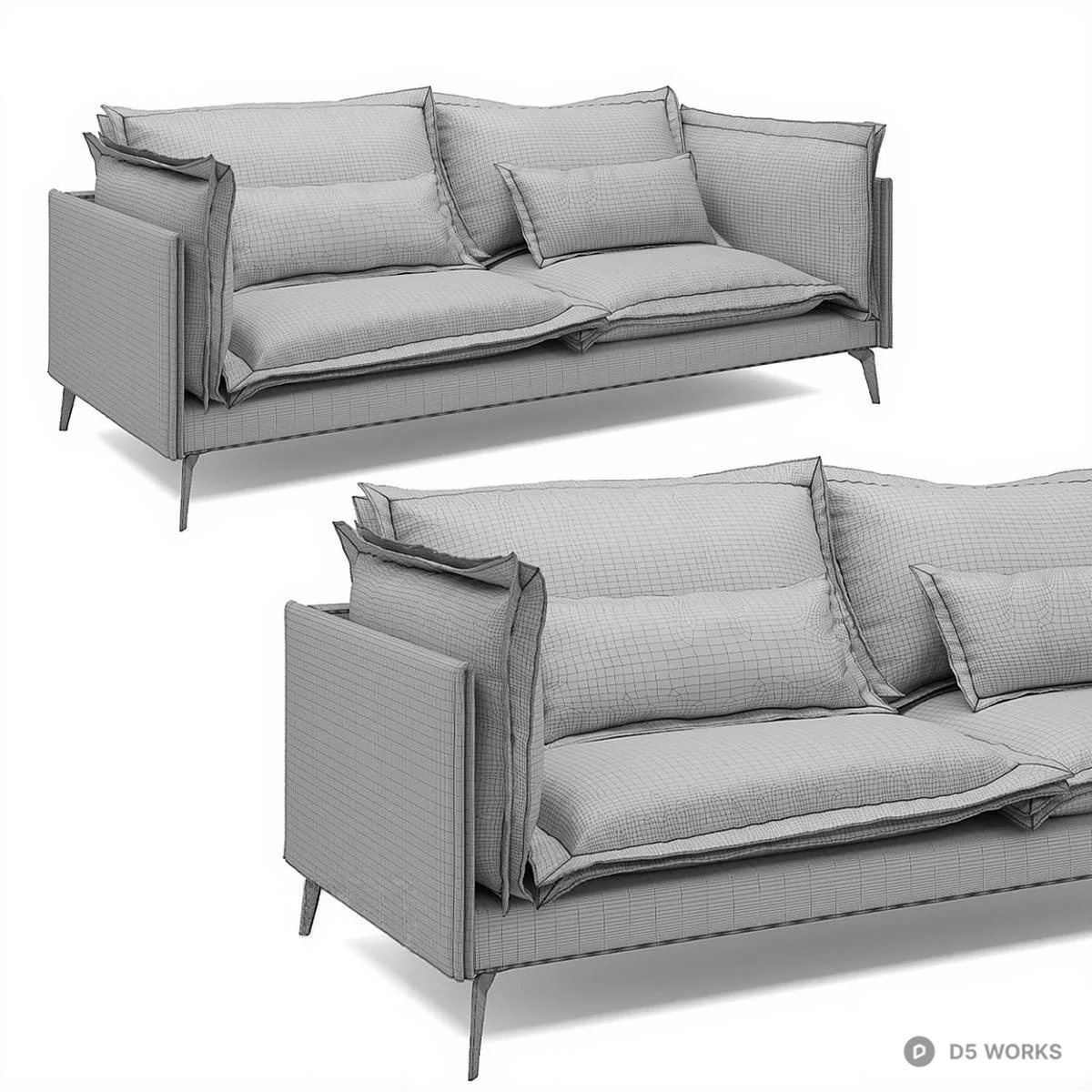 Velvet Three-Seater Sofa With Tapered Legs 3d model thumbnail 2