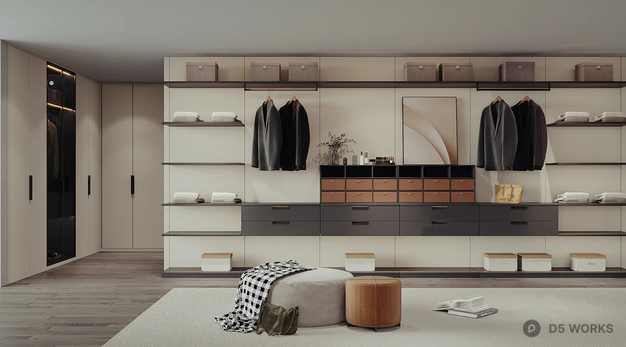 Minimalist Walk In Closet With Integrated Storage And Seating 3d model - Image 1